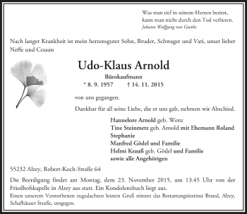 Traueranzeige von Udo-Klaus Arnold von  Allgemeine Zeitung Alzey