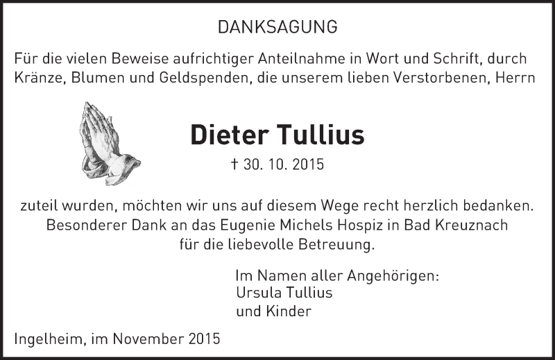  Traueranzeige für Dieter Tullius vom 21.11.2015 aus  Allgemeine  Zeitung Ingelheim-Bingen