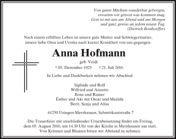 Traueranzeige von Anna Hofmann von  Usinger Anzeiger