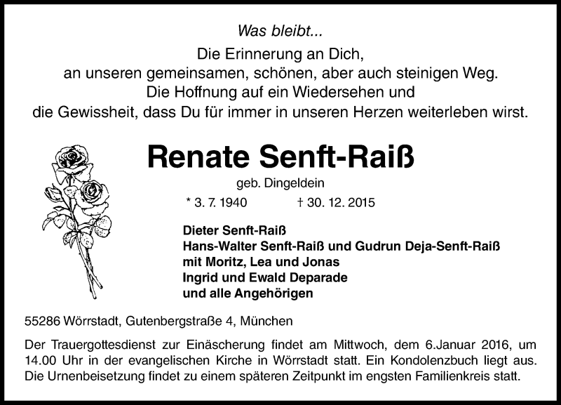  Traueranzeige für Renate Senft-Raiß vom 02.01.2016 aus  Allgemeine Zeitung Alzey