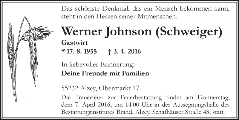  Traueranzeige für Werner Johnson Schweiger vom 05.04.2016 aus  Allgemeine Zeitung Alzey