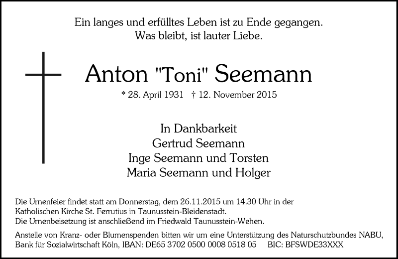  Traueranzeige für Anton Seemann vom 21.11.2015 aus  Wiesbaden komplett