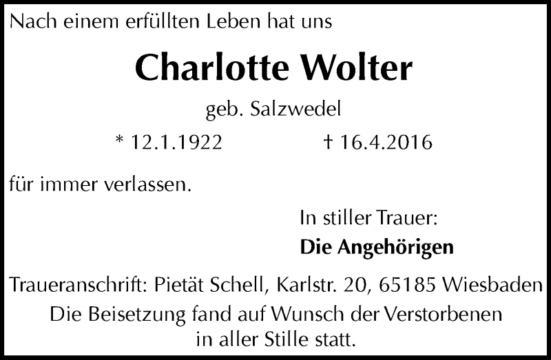  Traueranzeige für Charlotte Wolter vom 23.04.2016 aus  Wiesbaden komplett
