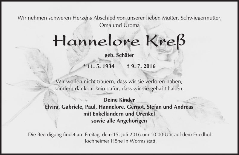  Traueranzeige für Hannelore Kreß vom 13.07.2016 aus Trauerportal Rhein Main Presse