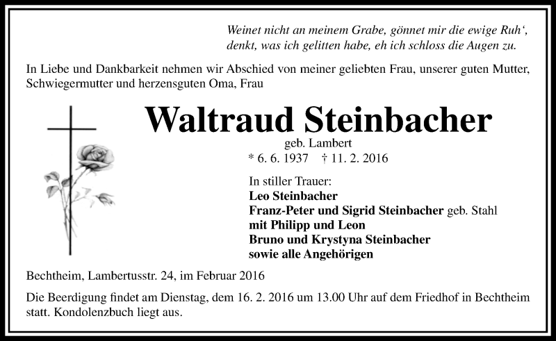  Traueranzeige für Waltraud Steinbacher vom 15.02.2016 aus  Wormser Zeitung