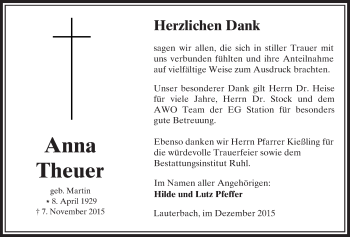 Traueranzeige von Anna Theuer von VRM Trauer