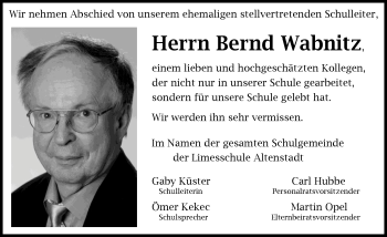 Traueranzeige von Bernd Wabnitz von  Kreisanzeiger