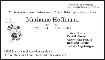 Traueranzeige von Marianne Hoffmann von  Allgemeine Zeitung Mainz