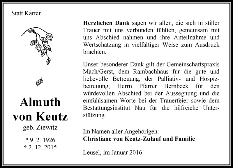  Traueranzeige für Almuth von Keutz vom 09.01.2016 aus  OK Oberhessen Kurier