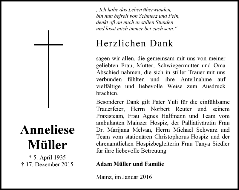  Traueranzeige für Anneliese Müller vom 02.01.2016 aus  Allgemeine Zeitung Mainz