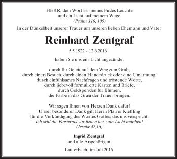 Traueranzeige von Reinhard Zentgraf von  OK Oberhessen Kurier