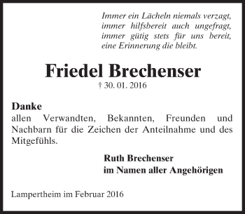 Traueranzeige von Friedel Brechenser von  Bürstädter Zeitung