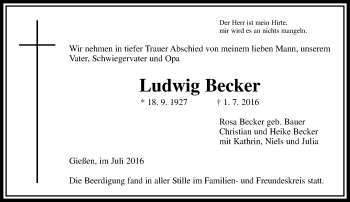 Traueranzeige von Ludwig Becker von  Gießener Anzeiger