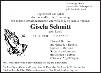 Traueranzeige von Gisela Schmitt von  Allgemeine  Zeitung Ingelheim-Bingen
