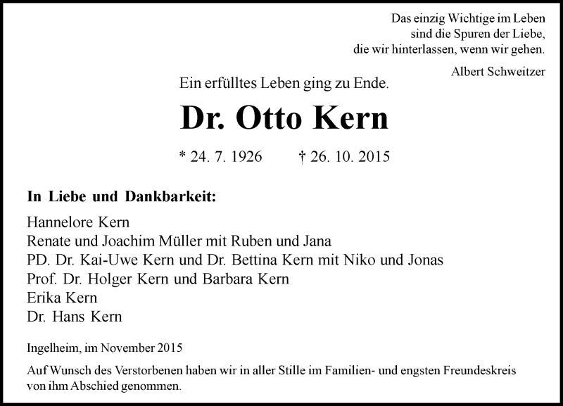  Traueranzeige für Otto Kern vom 10.11.2015 aus  Allgemeine  Zeitung Ingelheim-Bingen