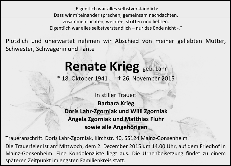  Traueranzeige für Renate Krieg vom 28.11.2015 aus  Allgemeine Zeitung Mainz