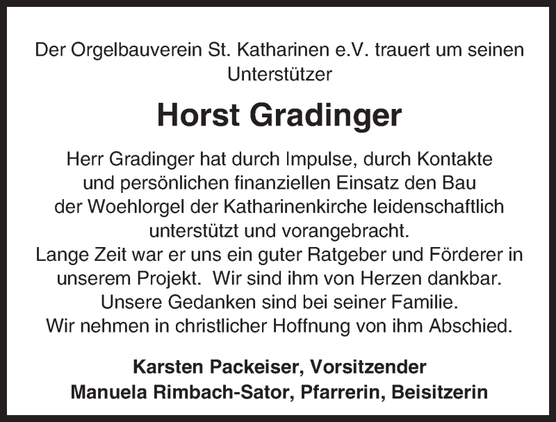  Traueranzeige für Horst Gradinger vom 27.07.2016 aus Trauerportal Rhein Main Presse