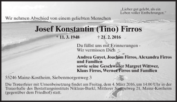 Traueranzeige von Josef Konstantin Firros von  Allgemeine Zeitung Mainz