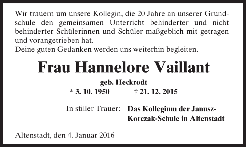  Traueranzeige für Hannelore Vaillant vom 04.01.2016 aus  Kreisanzeiger
