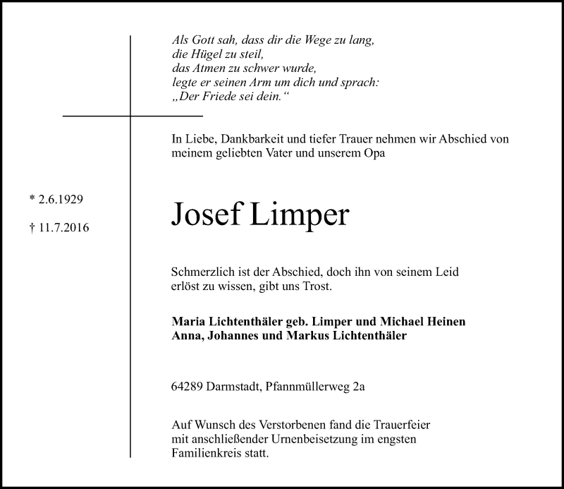  Traueranzeige für Josef Limper vom 23.07.2016 aus Trauerportal Echo Online