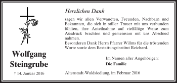 Traueranzeige von Wolfgang Steingrube von  Sonntags Anzeiger