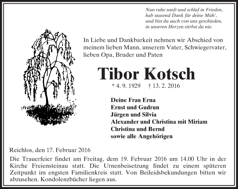  Traueranzeige für Tibor Kotsch vom 17.02.2016 aus VRM Trauer