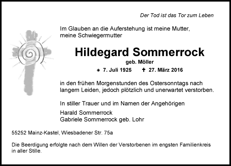  Traueranzeige für Hildegard Sommerrock vom 09.04.2016 aus  Wiesbaden komplett