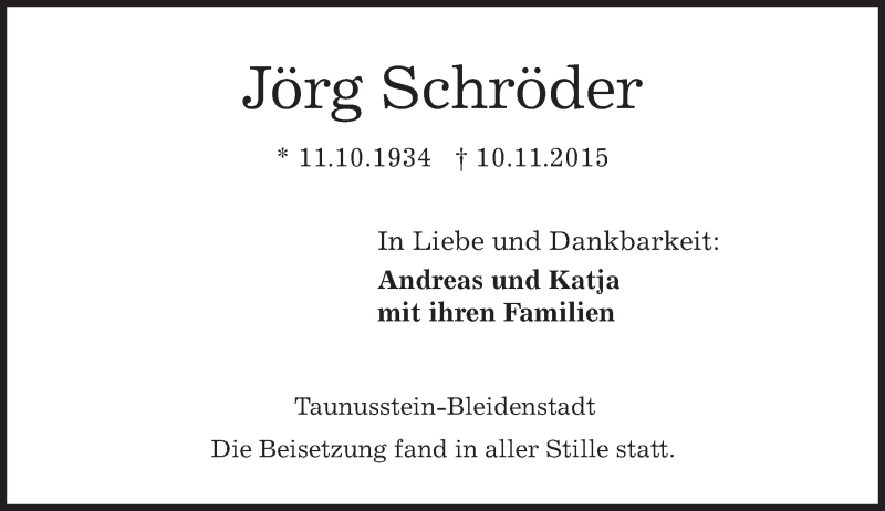  Traueranzeige für Jörg Schröder vom 21.11.2015 aus  WK-UTA/Aar-Bote