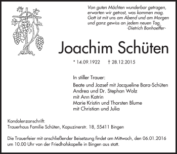 Traueranzeige von Joachim Schüten von  Allgemeine  Zeitung Ingelheim-Bingen