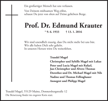 Traueranzeige von Edmund Krauter von  Allgemeine Zeitung Mainz