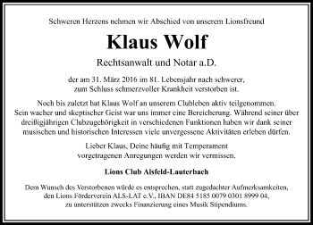 Traueranzeige von Klaus Wolf von VRM Trauer
