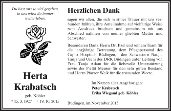 Traueranzeige von Herta Krabatsch von  Sonntags Anzeiger