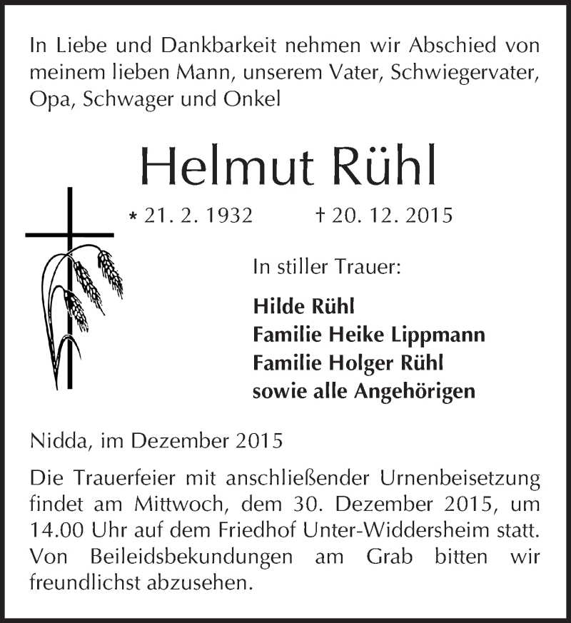  Traueranzeige für Helmut Rühl vom 28.12.2015 aus  Kreisanzeiger