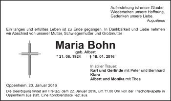Traueranzeige von Maria Bohn von  Landskrone