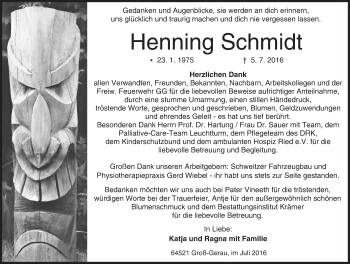 Traueranzeige von Henning Schmidt von Trauerportal Echo Online