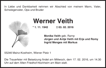 Traueranzeige von Werner Veith von  Allg. Zeitung Bad Kreuznach