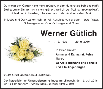 Traueranzeige von Werner Gütlich von Trauerportal Echo Online