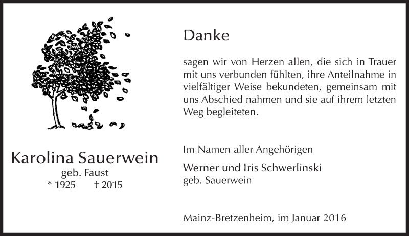  Traueranzeige für Karolina Sauerwein vom 09.01.2016 aus  Allgemeine Zeitung Mainz