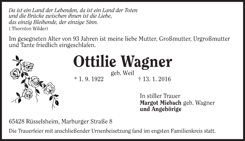  Traueranzeige für Ottilie Wagner vom 30.01.2016 aus  Mainspitze