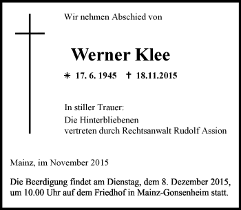 Traueranzeige von Werner Klee von  Allgemeine Zeitung Mainz