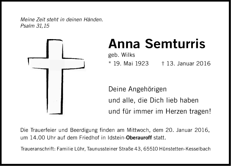  Traueranzeige für Anna Semturris vom 16.01.2016 aus  Idsteiner Zeitung