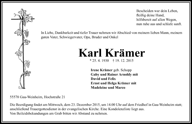  Traueranzeige für Karl Krämer vom 21.12.2015 aus  Allgemeine Zeitung Alzey