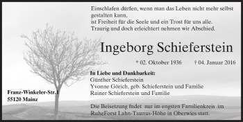 Traueranzeige von Ingeborg Schieferstein von  Allgemeine Zeitung Mainz