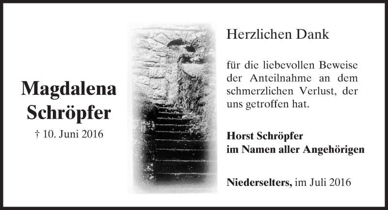  Traueranzeige für Magdalena Schröpfer vom 07.07.2016 aus  Camberger Anzeiger