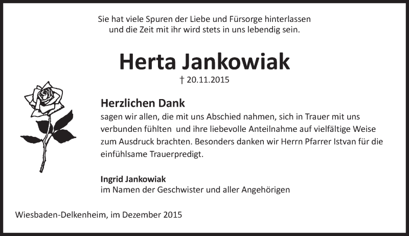  Traueranzeige für Herta Jankowiak vom 12.12.2015 aus  Wiesbaden komplett