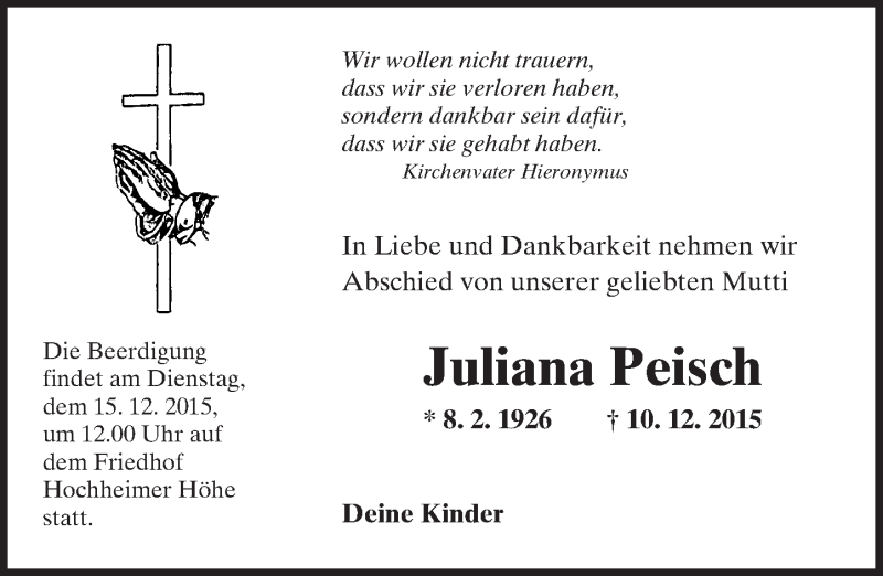  Traueranzeige für Juliana Peisch vom 12.12.2015 aus  Wormser Zeitung