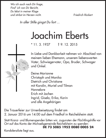 Traueranzeige von Joachim Eberts von  Bürstädter Zeitung