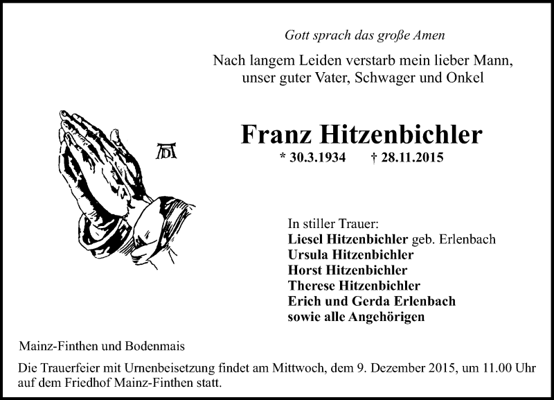  Traueranzeige für Franz Hitzenbichler vom 05.12.2015 aus  Allgemeine Zeitung Mainz