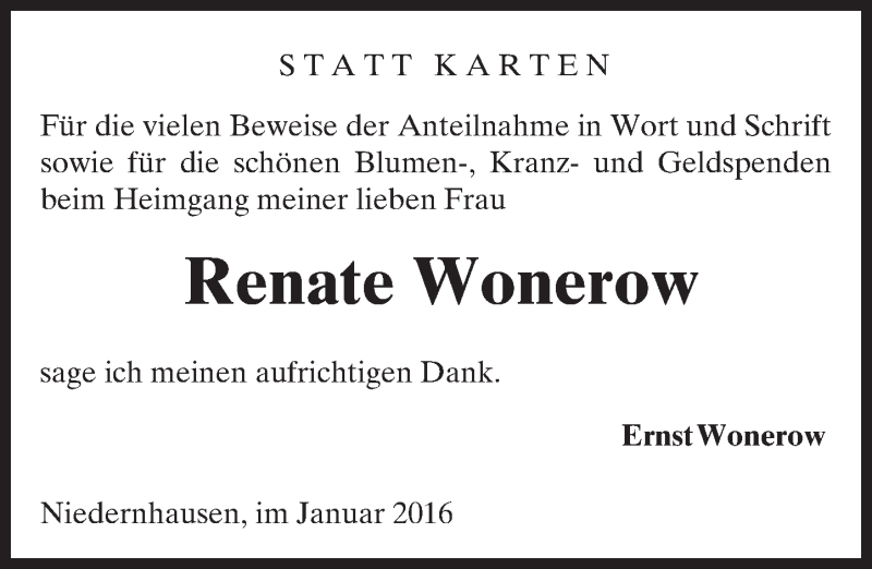  Traueranzeige für Renate Wonerow vom 30.01.2016 aus  Wiesbaden komplett