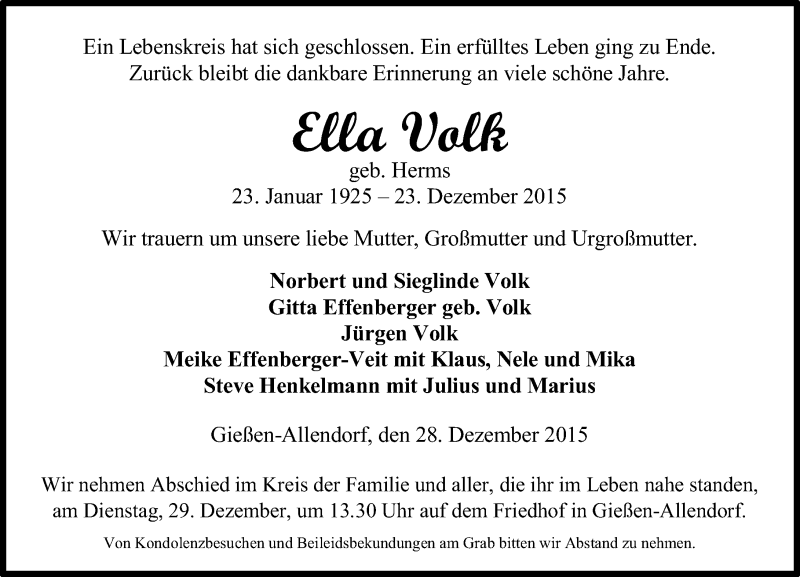  Traueranzeige für Ella Volk vom 28.12.2015 aus  Gießener Anzeiger